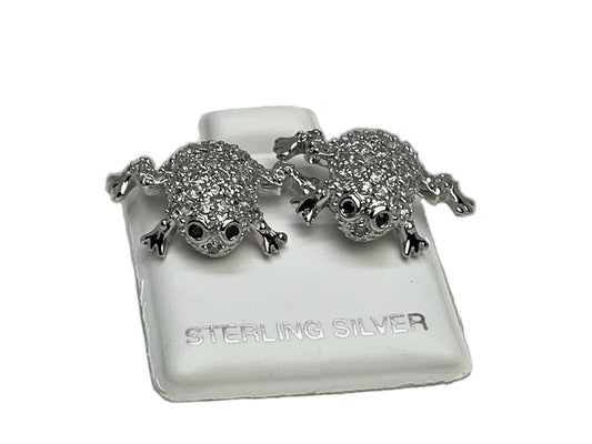 New Sterling Silver 925 11x17mm Frog Stud Earrings Two Tone Cubic Zirconia Stone