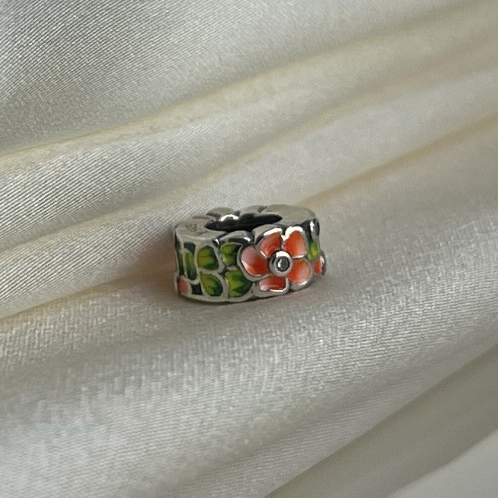 Sterling Silver 925 Enamel Pink Flower Plant with Cubic Zirconia Charm