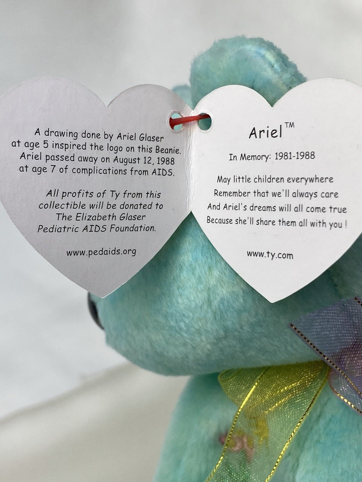 Rare Retired Ty Beanie Baby Ariel The Aids Foundation 2000 Mint P.E. W Errors