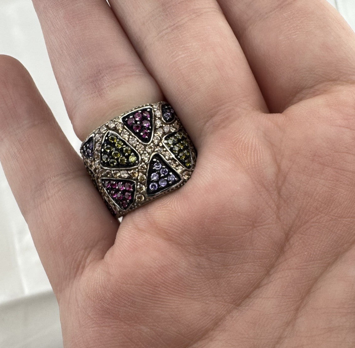 Sterling Silver 925 Mosaic Design Multicolor Gemstone Statement Ring Sz 7 13G