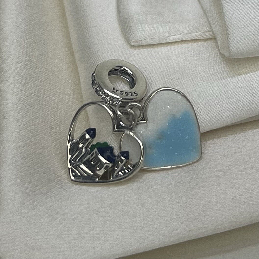 Sterling Silver 925 Enamel Double Heart City Hometown CZ Dangle Charm