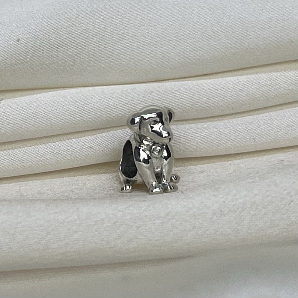 Sterling Silver Solid 925 European Playful Happy Dog Cubic Zirconia Stone Charm