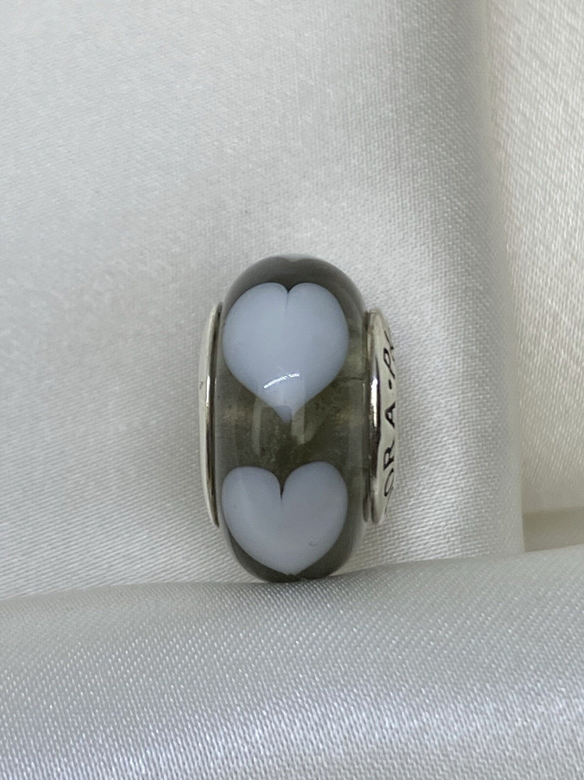 Charm de Pandora de cristal de Murano gris de plata de ley 925, descatalogado, 14m, con corazón blanco