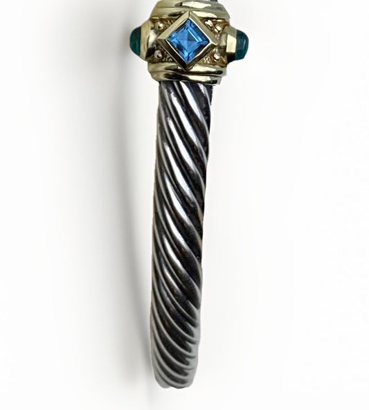 David Yurman Renaissance 5mm Silver Bracelet 14K Gold Topaz & Green Onyx Medium