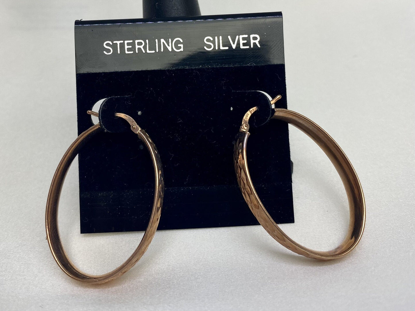 Pendientes de aro martillados de plata de ley 925 CGC nuevos, color oro rosa, 26x36mm