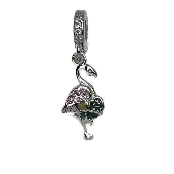 Sterling Silver 925 Multi Color CZ Stones Enamel Vibrant Flamingo Dangle Charm