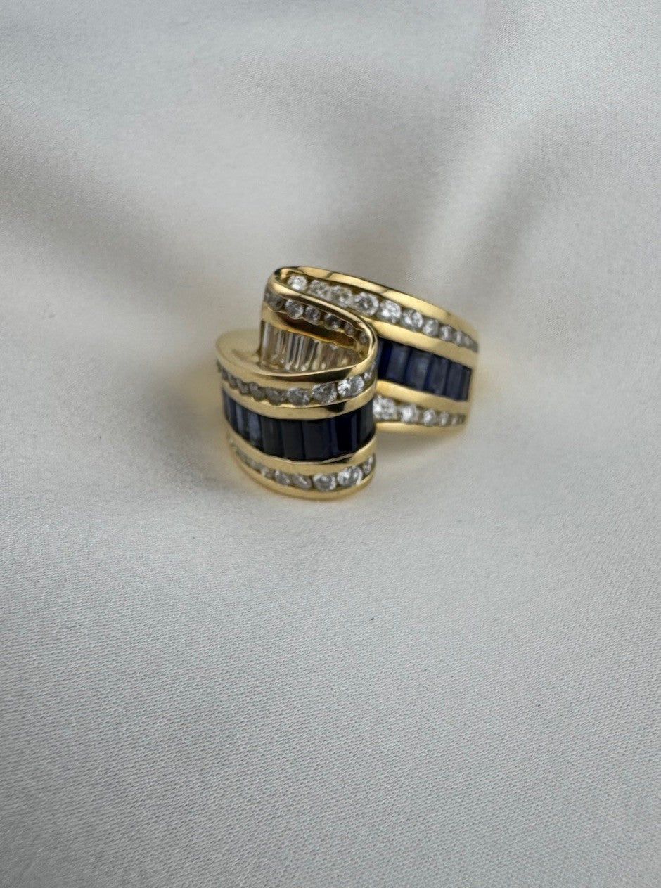 Charles Krypell 18K Yellow Gold Sapphire & Diamond Ribbon Crossover Ring 13.4G