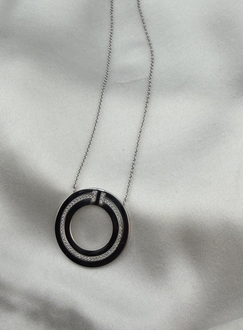 Tiffany & Co. 18k White Gold Diamond T Circle Pendant Necklace Large 30mm 18”