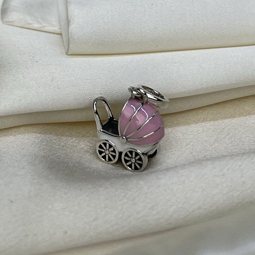 Sterling Silver 925 Cute Enamel Pink & White Baby Carriage Dangle Charm