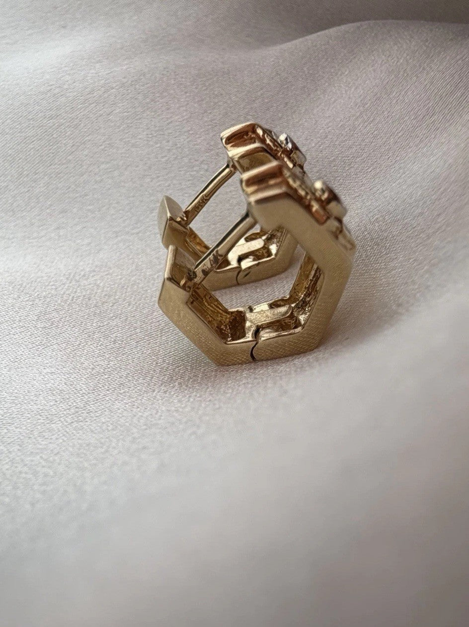 14K Yellow Gold Diamond Geometric Huggie Earrings 5.7 Grams Hinged 13.13x6.59mm