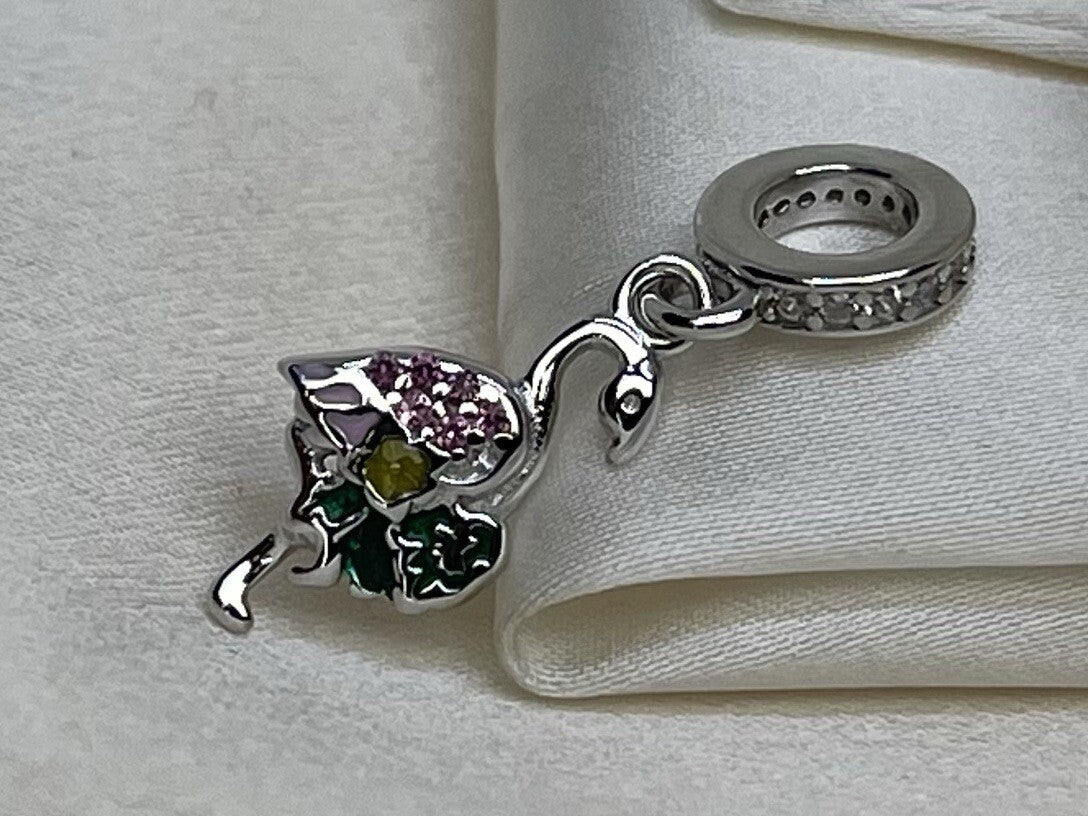 Sterling Silver 925 Multi Color CZ Stones Enamel Vibrant Flamingo Dangle Charm