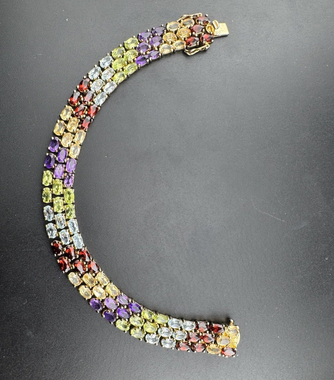 925 Fine Silver Plated Gold Multicolor Gemstone Row Tennis Bracelet 7.5 25.7G