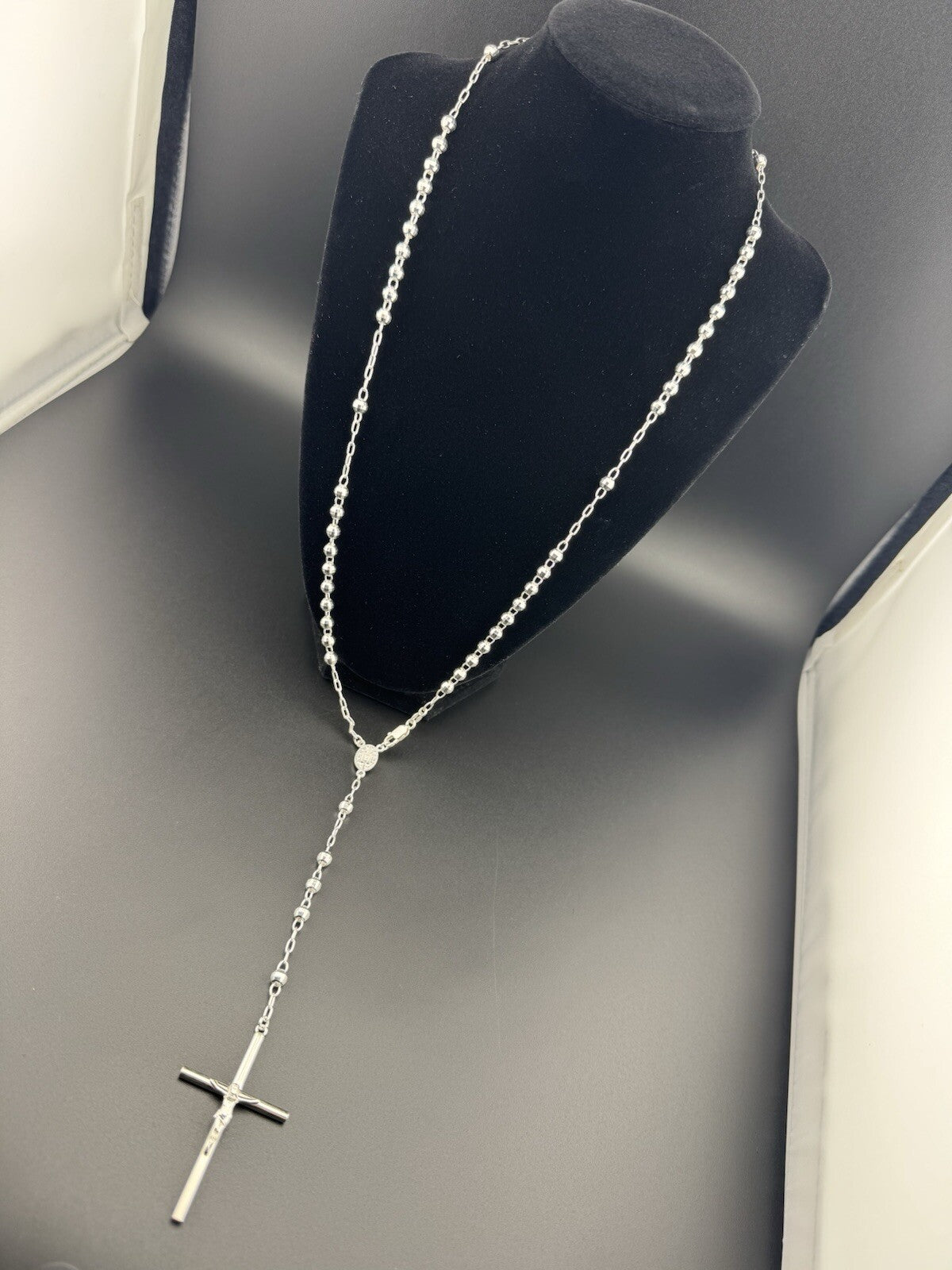 Sterling Silver 925 Rosary Necklace with Mother Mary & Jesus Cross, 24in, 20g