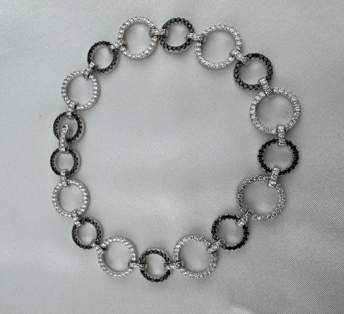 18K White Gold Black & White Diamond Circle Link Tennis Bracelet 10mm 11G Sz 6.7