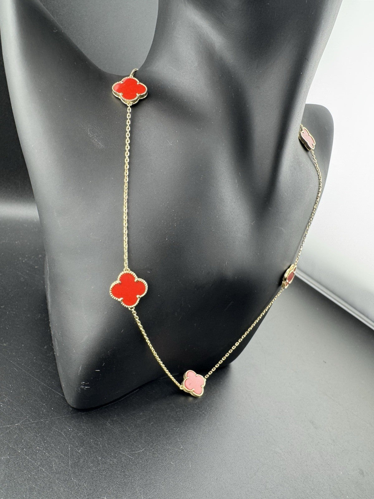 14K Gold Carnelian Sim Stone Lucky Clover Necklace 19.2in Adj 7.3 Gram