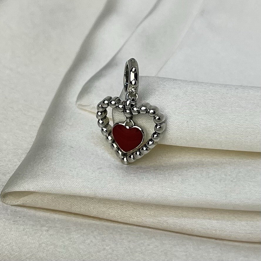 Sterling Silver 925 Red Enamel Heart inside of Heart Dangle Charm