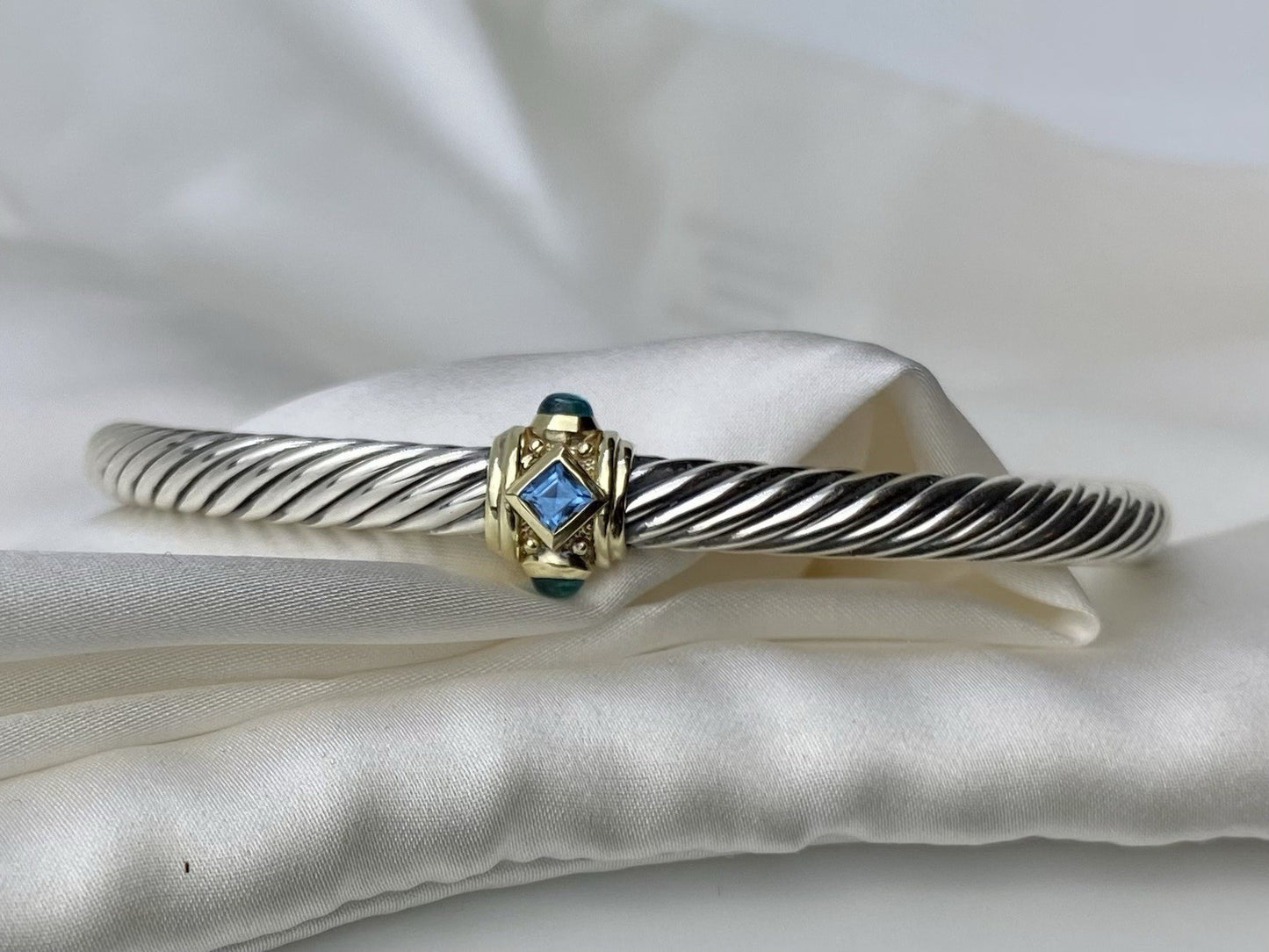 David Yurman Renaissance 5mm Silver Bracelet 14K Gold Topaz & Green Onyx Medium
