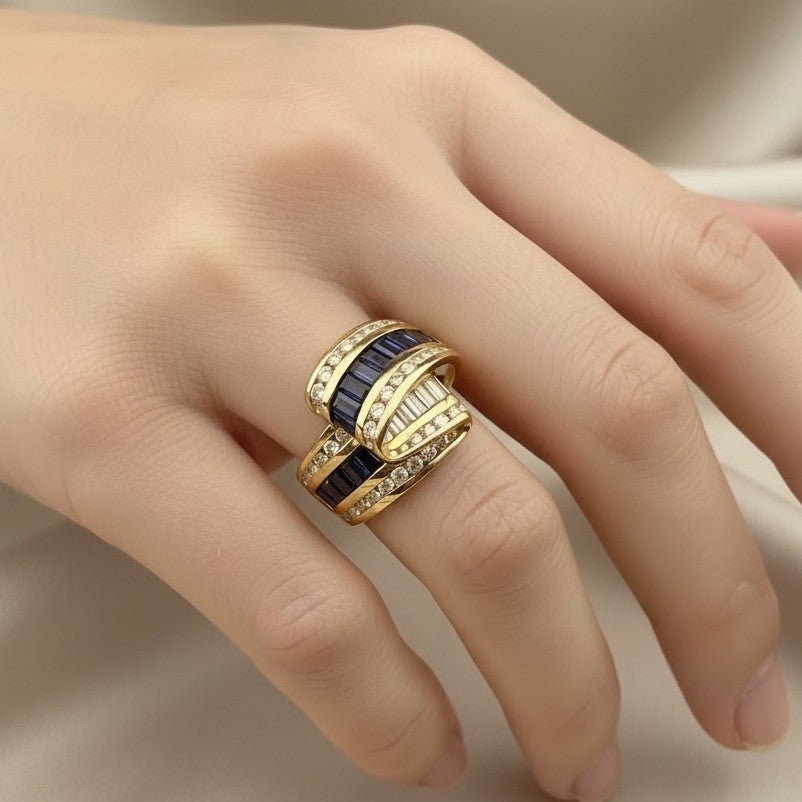 Charles Krypell 18K Yellow Gold Sapphire & Diamond Ribbon Crossover Ring 13.4G