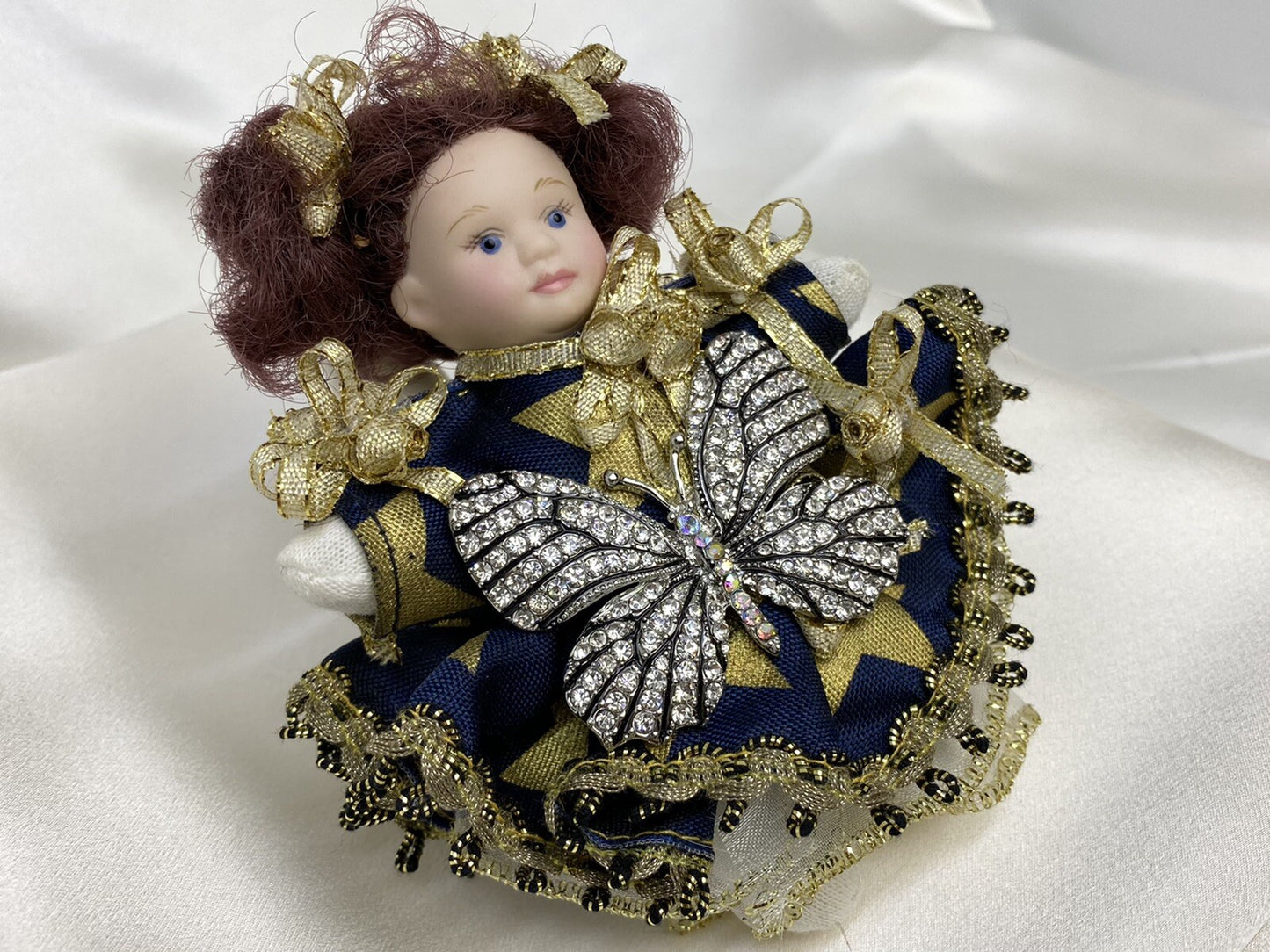 Vintage Porcelain Plush Girl Doll 4 Inch with Butterfly Crystal Pin Brooch