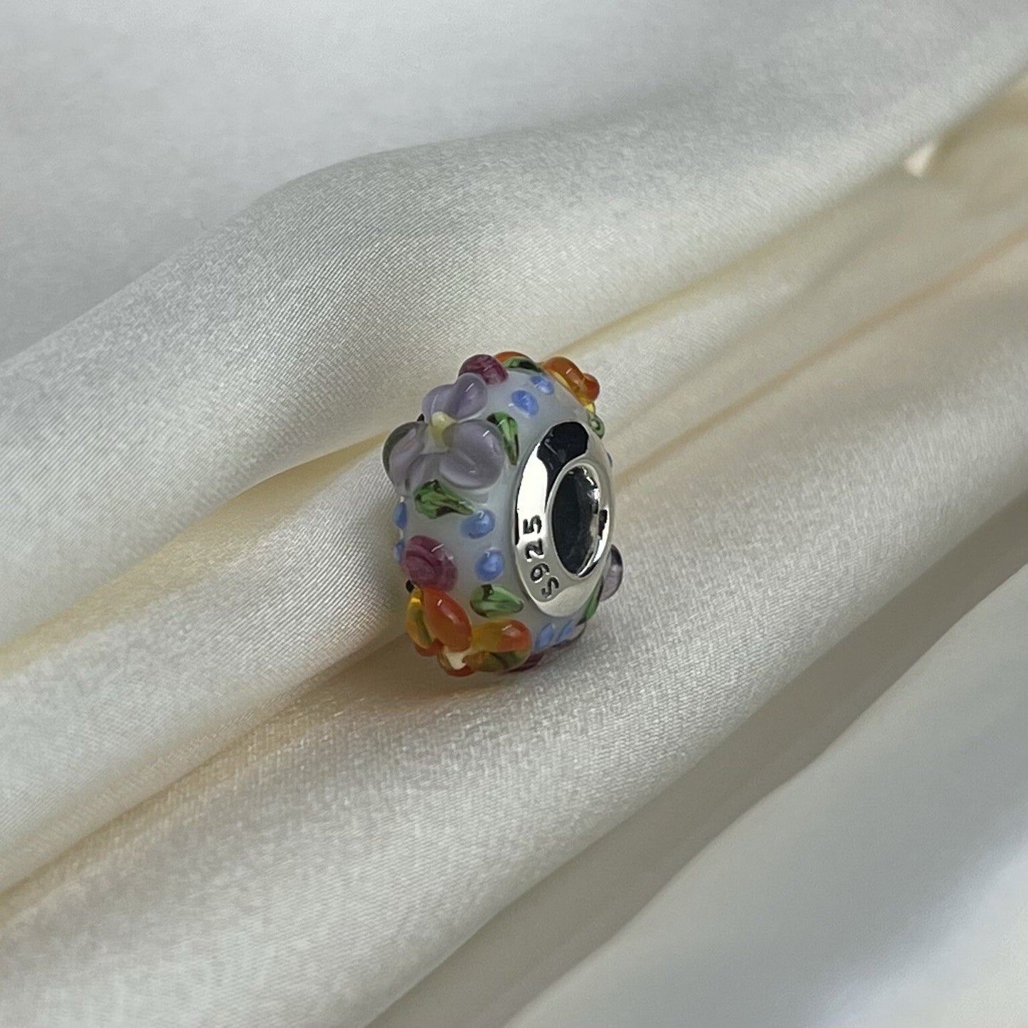 Sterling Silver 925 European Colorful Vibrant Enamel Flowers Plant Large Charm