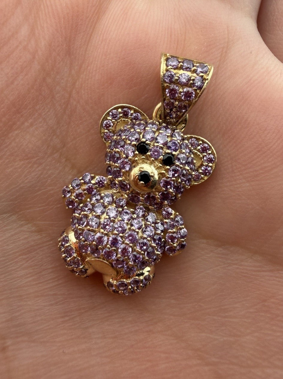 14K Gold Teddy Bear Pendant Purple Simulated Diamond Black Eyes 4.7 Gram 16x28mm