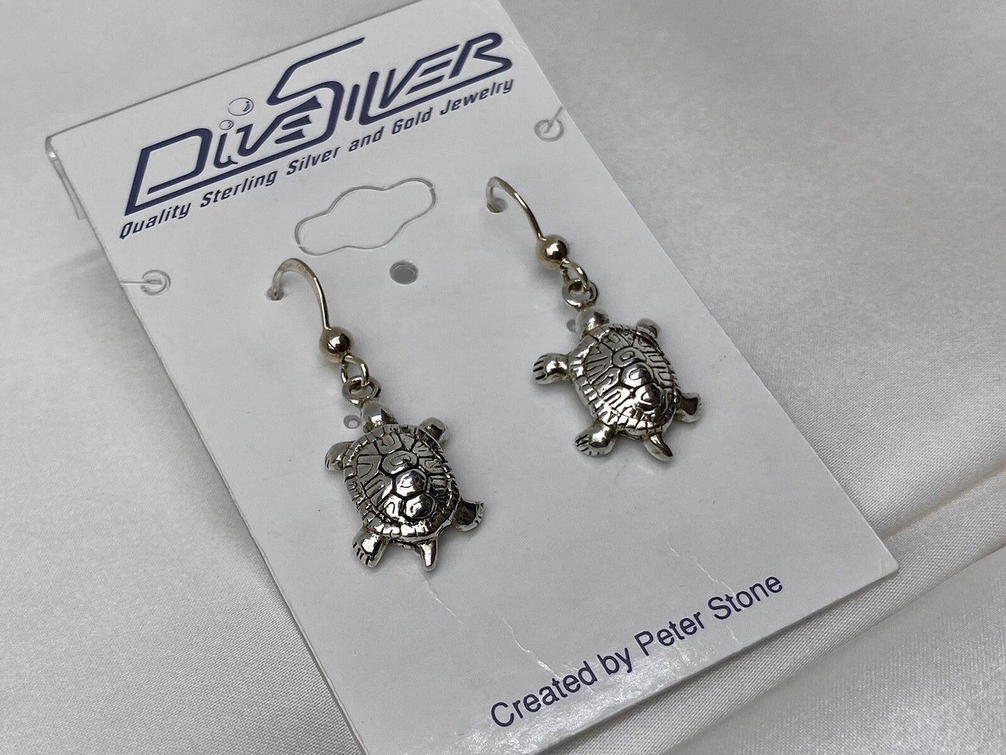 New Peter Stone Fine Sterling Silver 925 11x18mm Sculpted Turtle Dangle Earrings