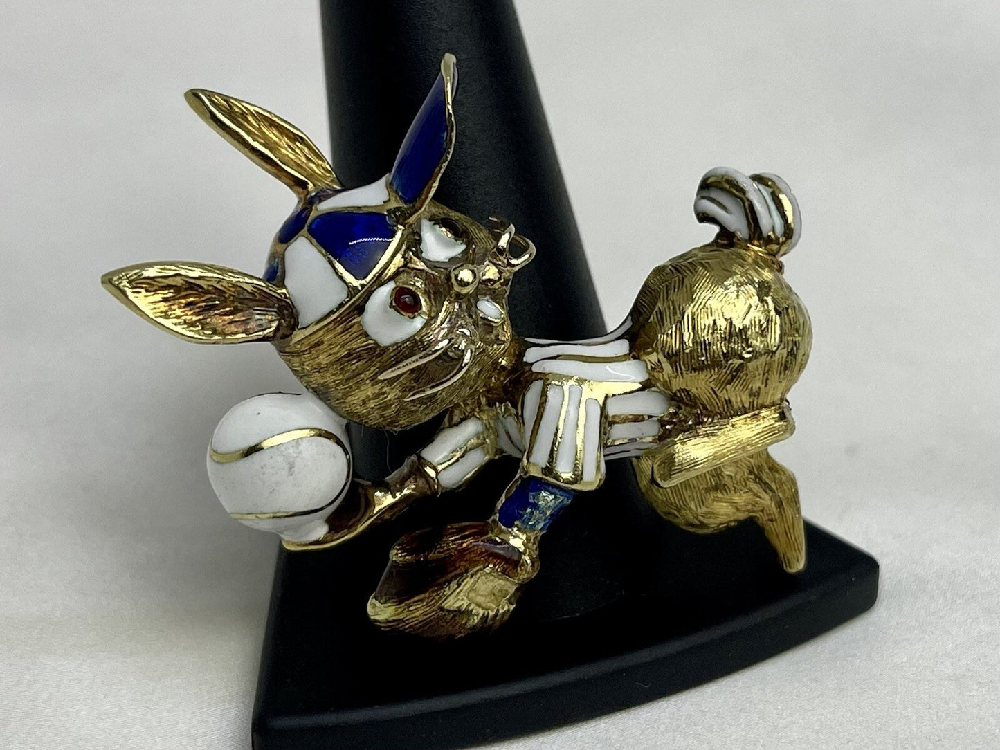 Martine Vintage 18k Gold Enamel Rabbit Baseball Pin XL Brooch 30.3 Grams 53x41mm