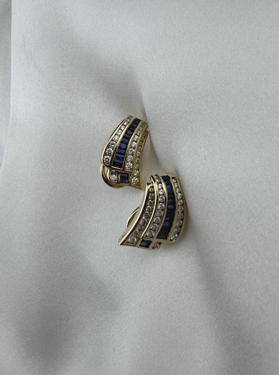 Charles Krypell 18K Yellow Gold Baguette Sapphire & Pave Diamond Earrings 12G