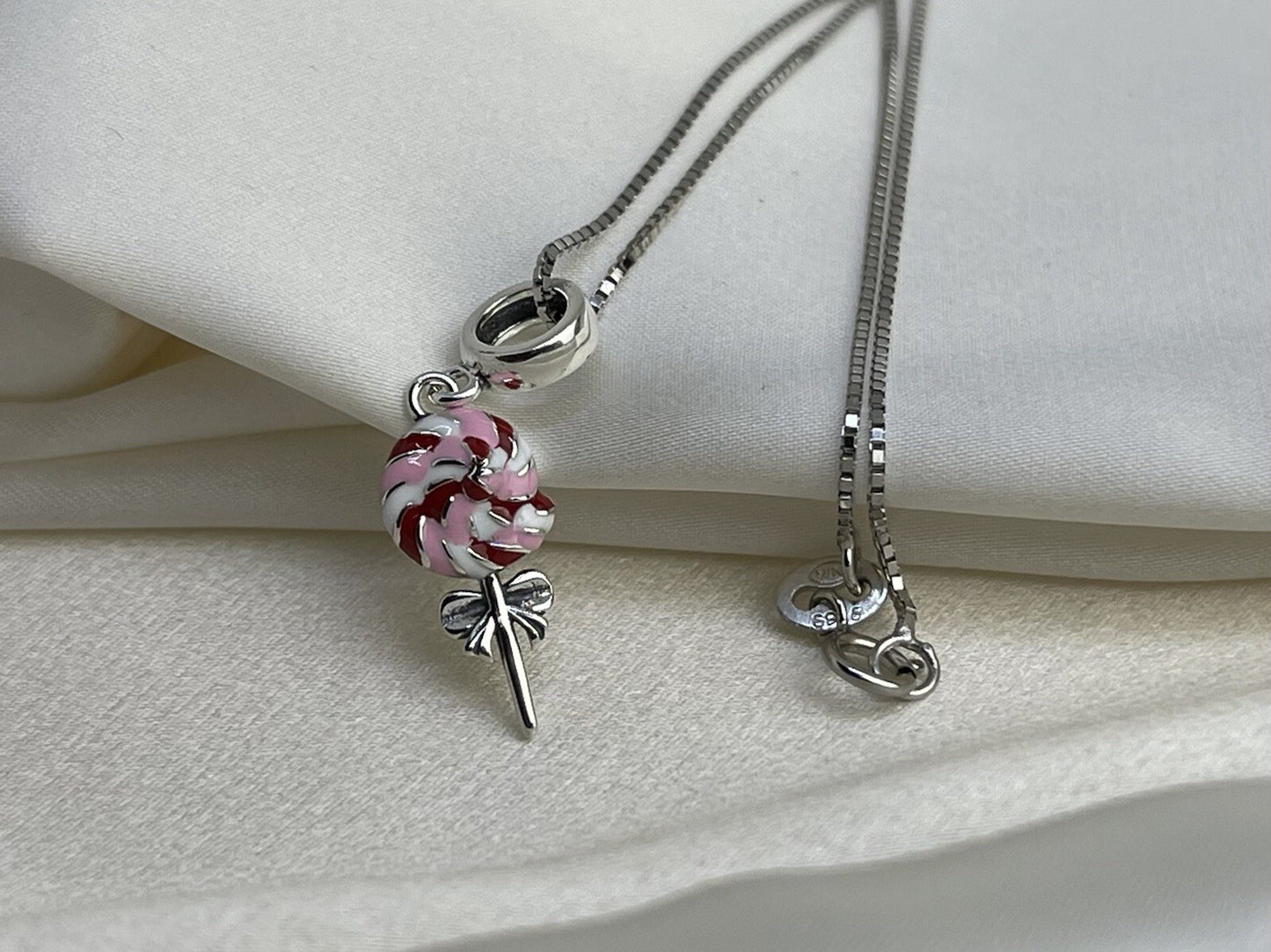 Sterling Silver 925 Enamel Sweet Swirl Lollipop Bow Sugar Candy Charm Necklace