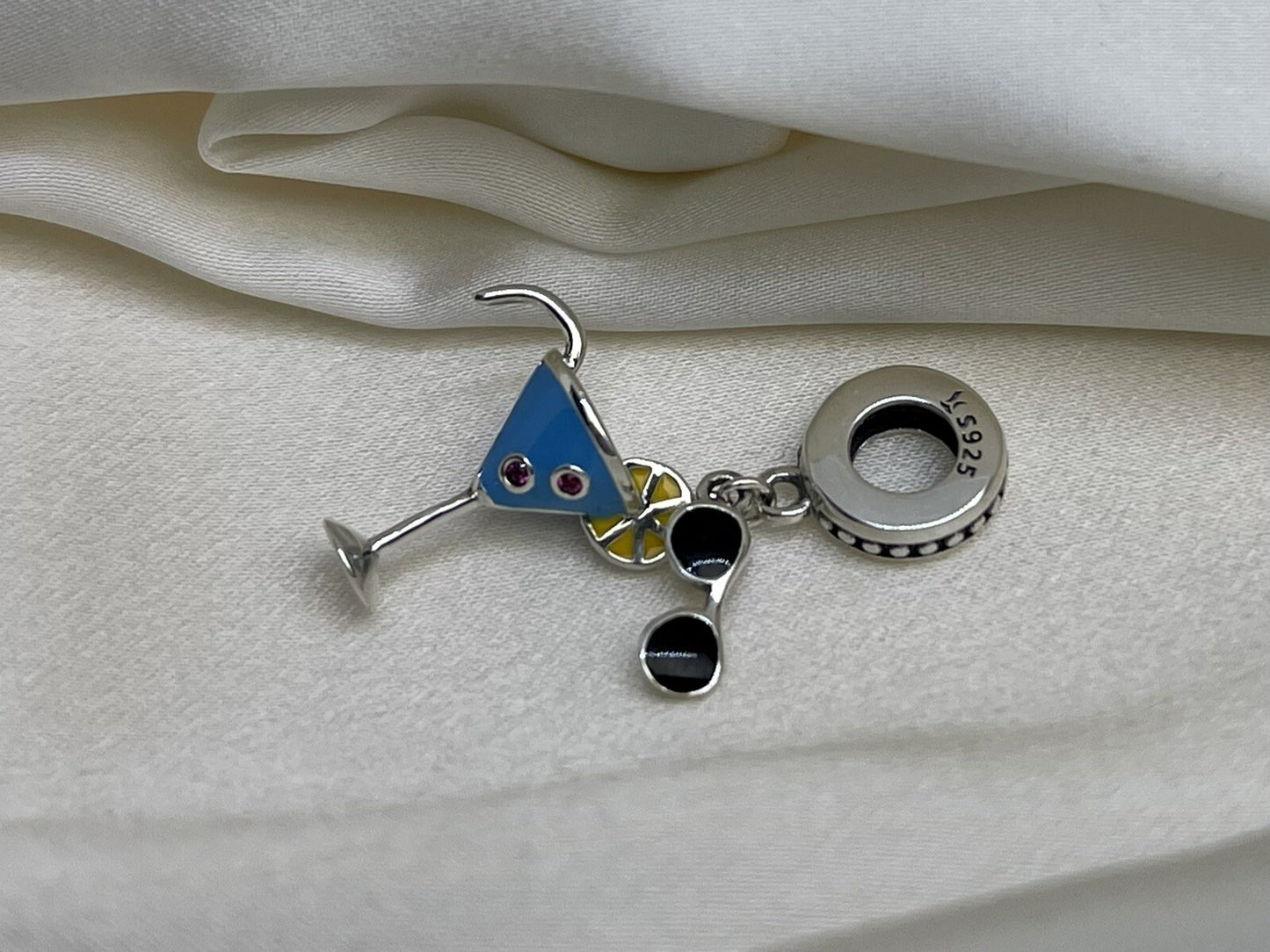 Sterling Silver 925 Charm Summer Cold Drink CZ Stone Enamel Sunglasses Lemon