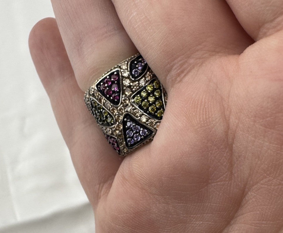Sterling Silver 925 Mosaic Design Multicolor Gemstone Statement Ring Sz 7 13G