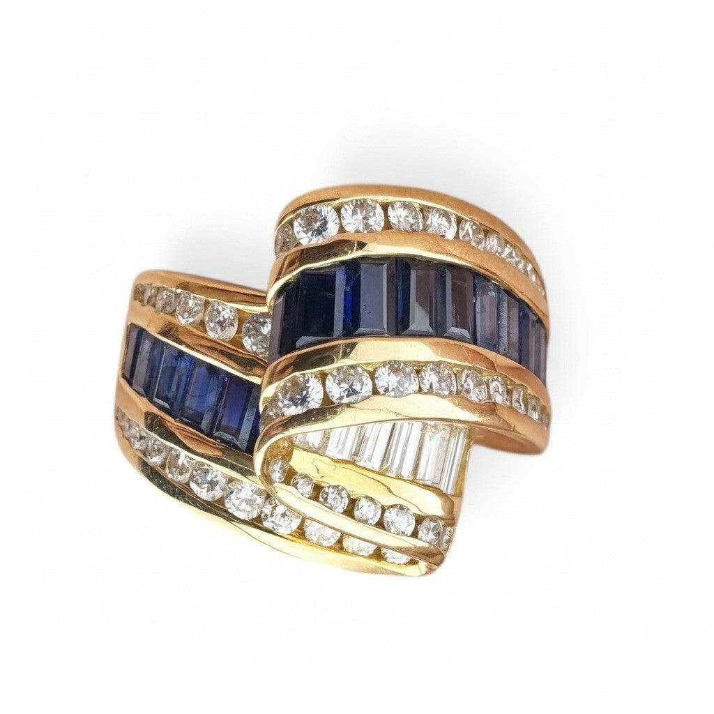 Charles Krypell 18K Yellow Gold Sapphire & Diamond Ribbon Crossover Ring 13.4G