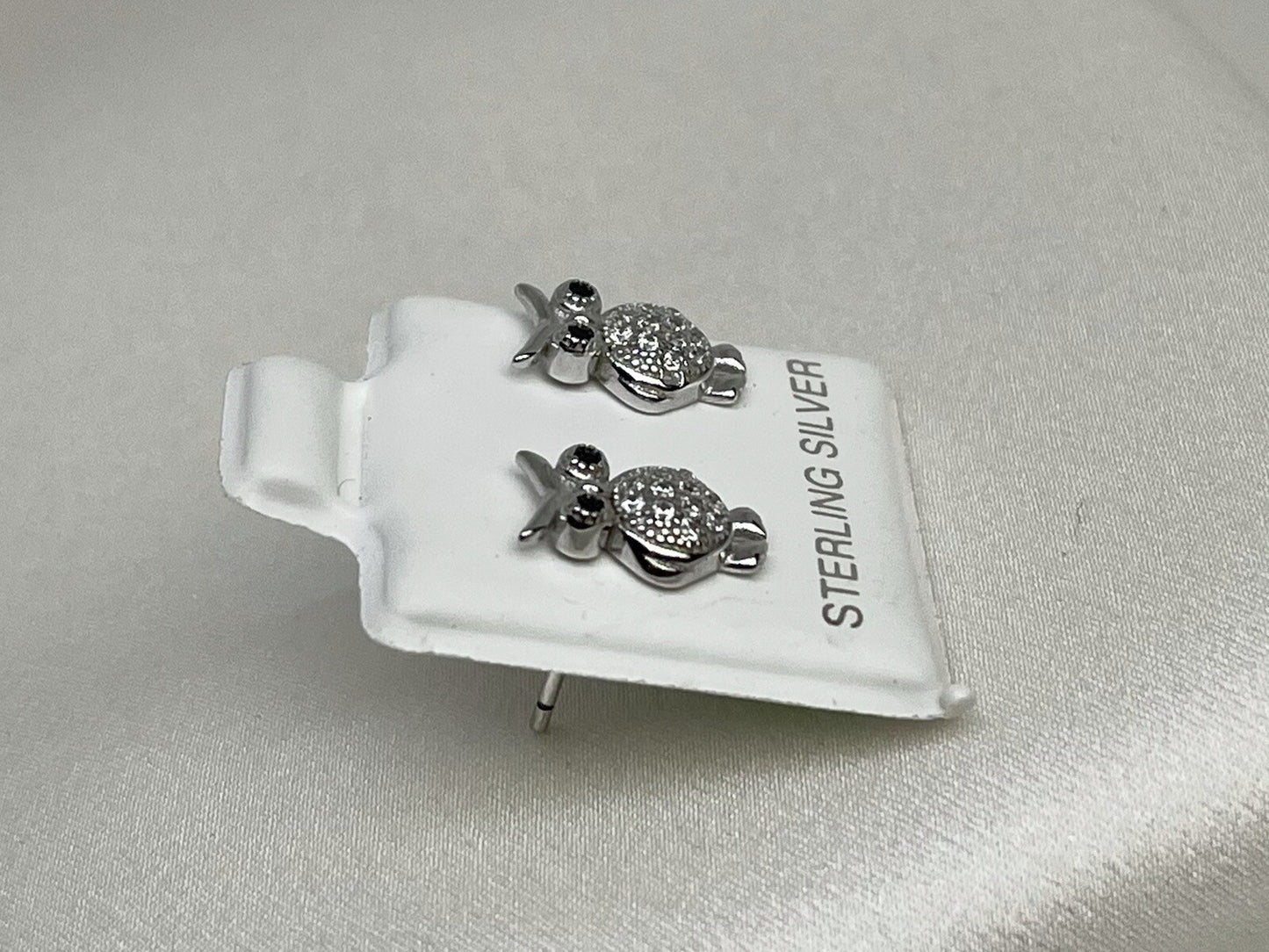 New Sterling Silver 925 7x11mm Owl Stud Earrings Two Tone Cubic Zirconia Stone🦉