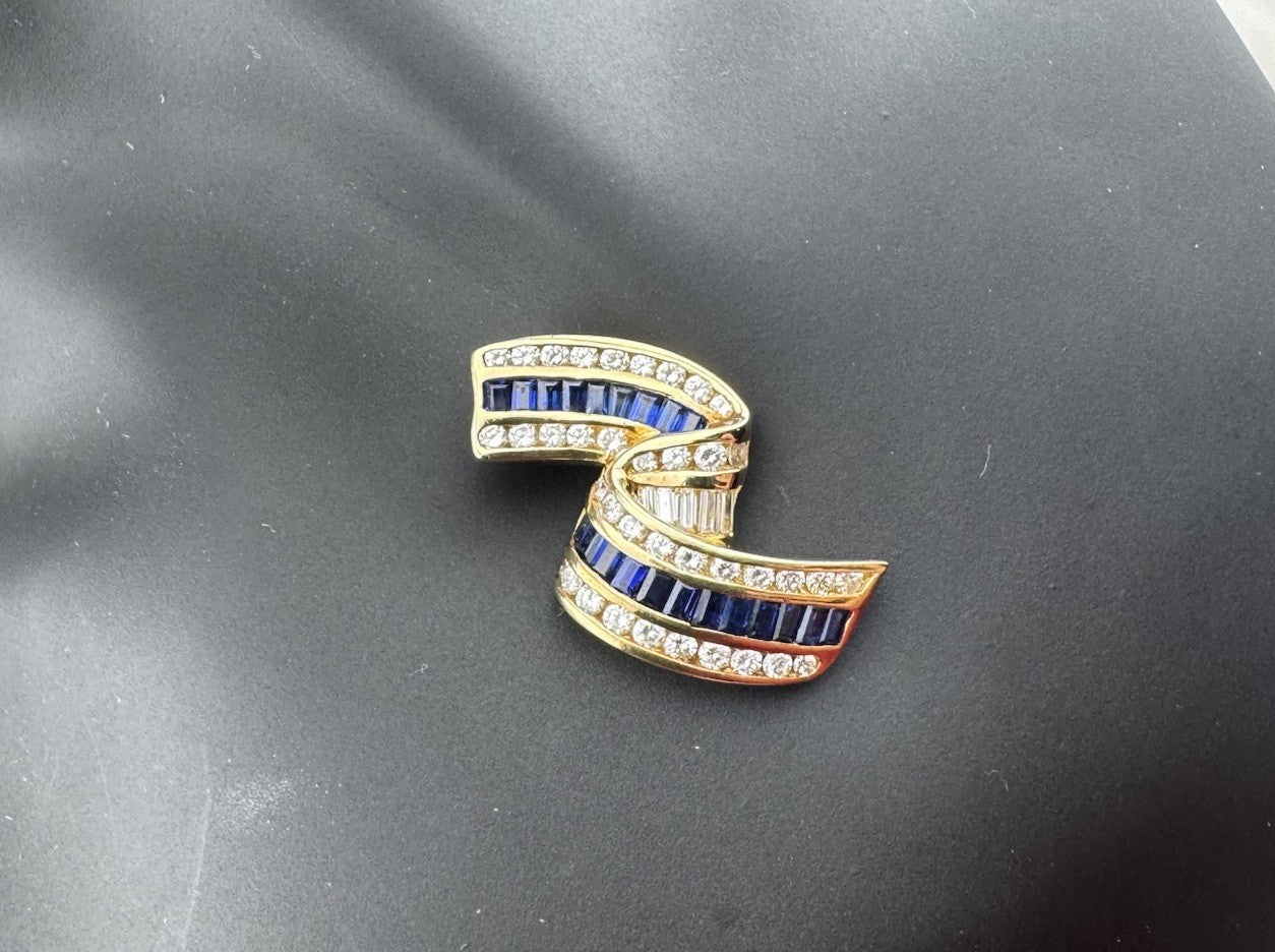 Vintage Charles Krypell 18K Yellow Gold Sapphire and Diamond Ribbon Pendant 7.7G