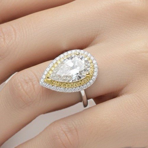18K White Gold Large Pear Lab Diamond Ring 21mm 15x9m Pave Yellow & Clear Sz4.75