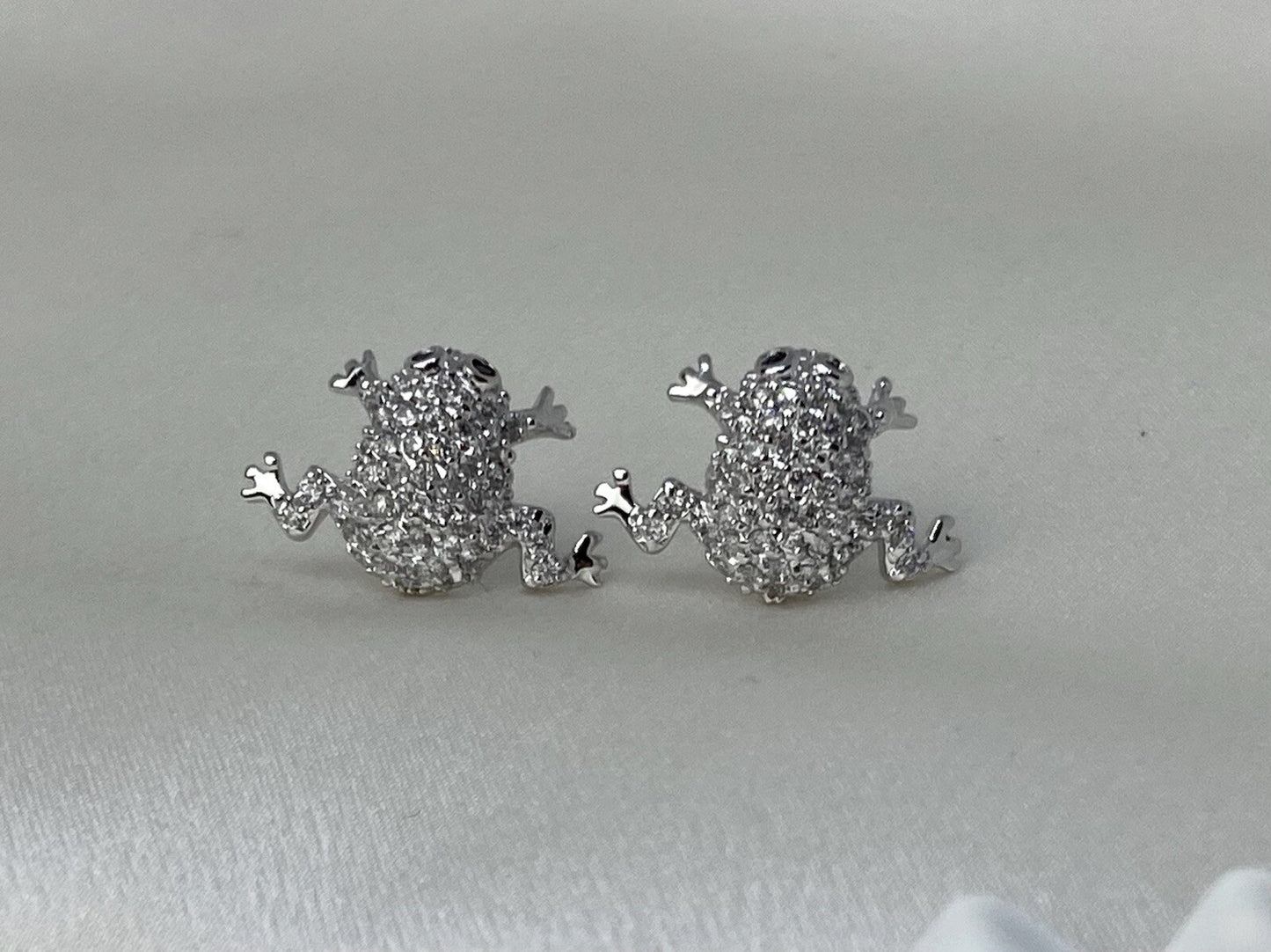 New Sterling Silver 925 11x17mm Frog Stud Earrings Two Tone Cubic Zirconia Stone