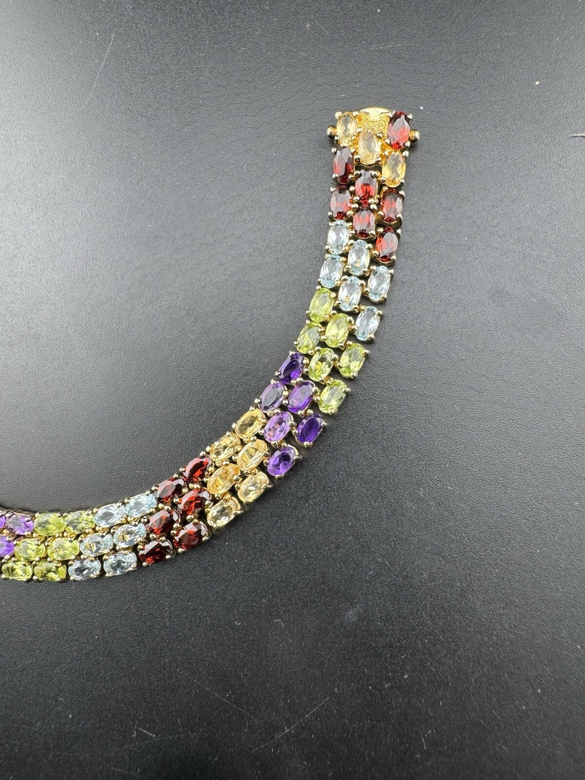 925 Fine Silver Plated Gold Multicolor Gemstone Row Tennis Bracelet 7.5 25.7G