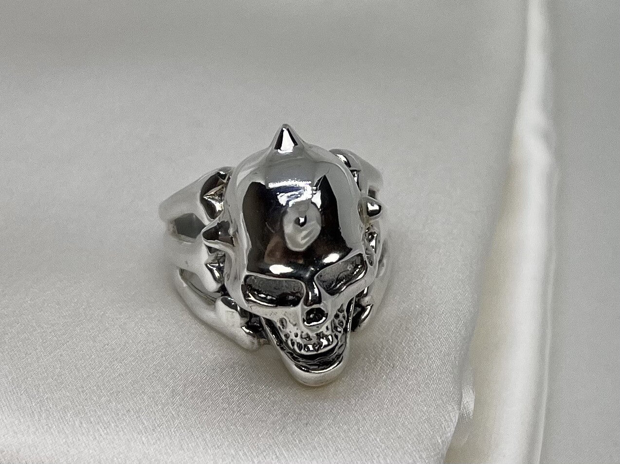 Skull Spikes Biker Warrior 19x28mm Sterling Silver 925 Hand Crafted Ring Sz 13.5