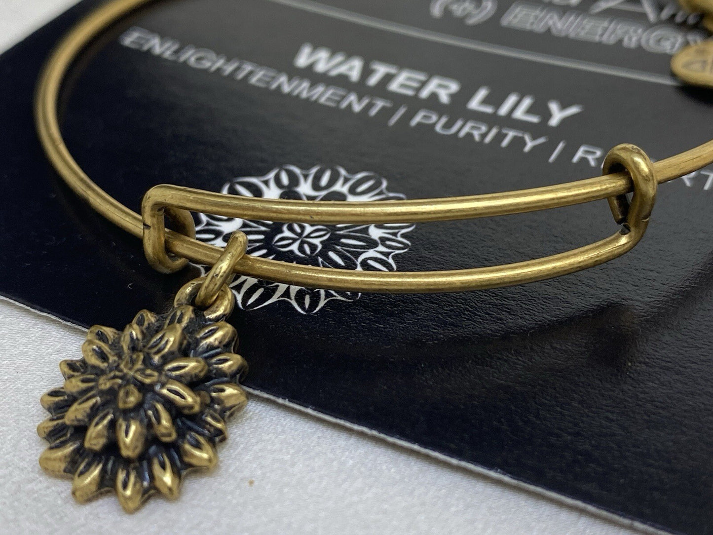 Alex and Ani Water Lily Rafaelian Gold Charm Bangle Adjustable Bracelet Card