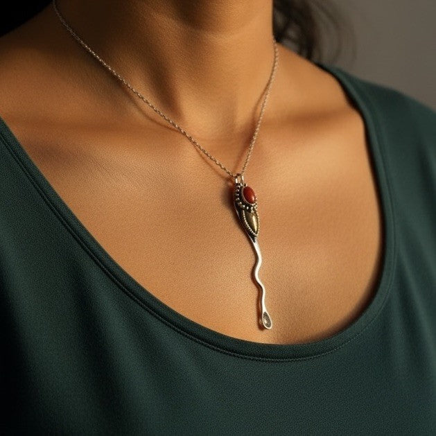 Vintage 925 Sterling Silver Carnelian Pendant 22K Gold Inlay 76mm Artisan Spoon