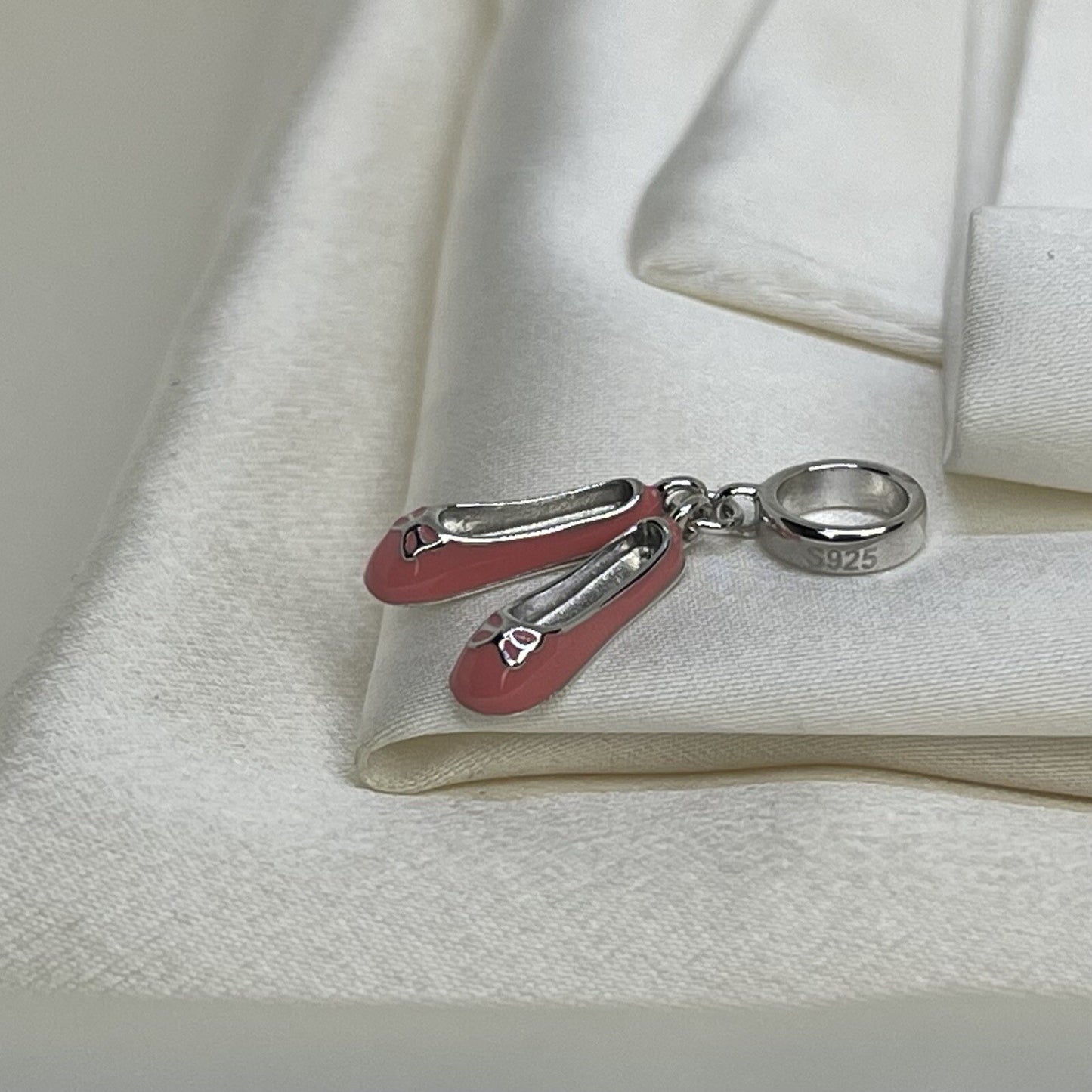 Sterling Silver 925 Cute Enamel Pink Ballet Slipper Ballerina Dance Dangle Charm