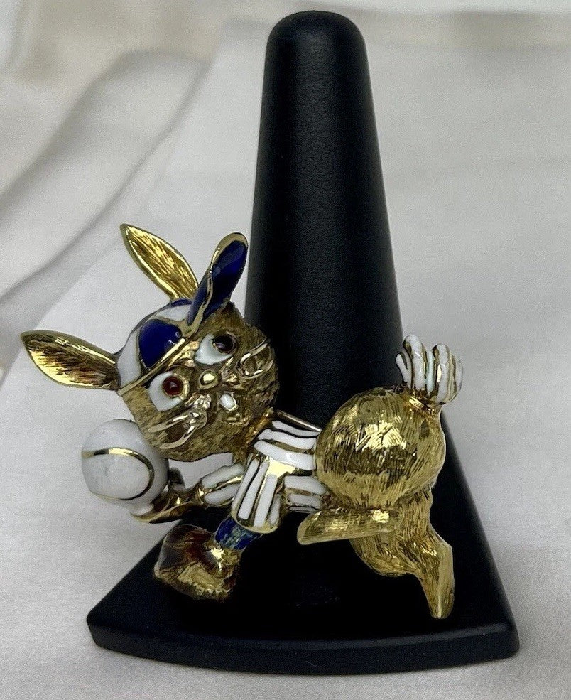 Martine Vintage 18k Gold Enamel Rabbit Baseball Pin XL Brooch 30.3 Grams 53x41mm