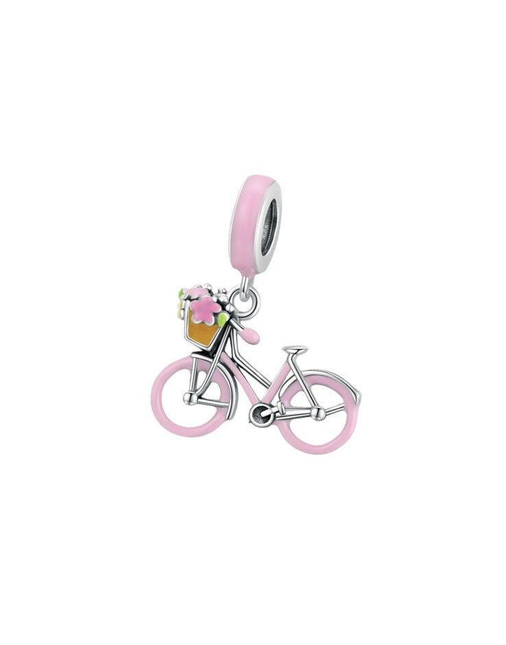 Sterling Silver 925 Enamel Pink Bicycle with Basket & Flowers Dangle Charm Bike