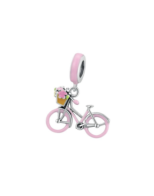 Sterling Silver 925 Enamel Pink Bicycle with Basket & Flowers Dangle Charm Bike