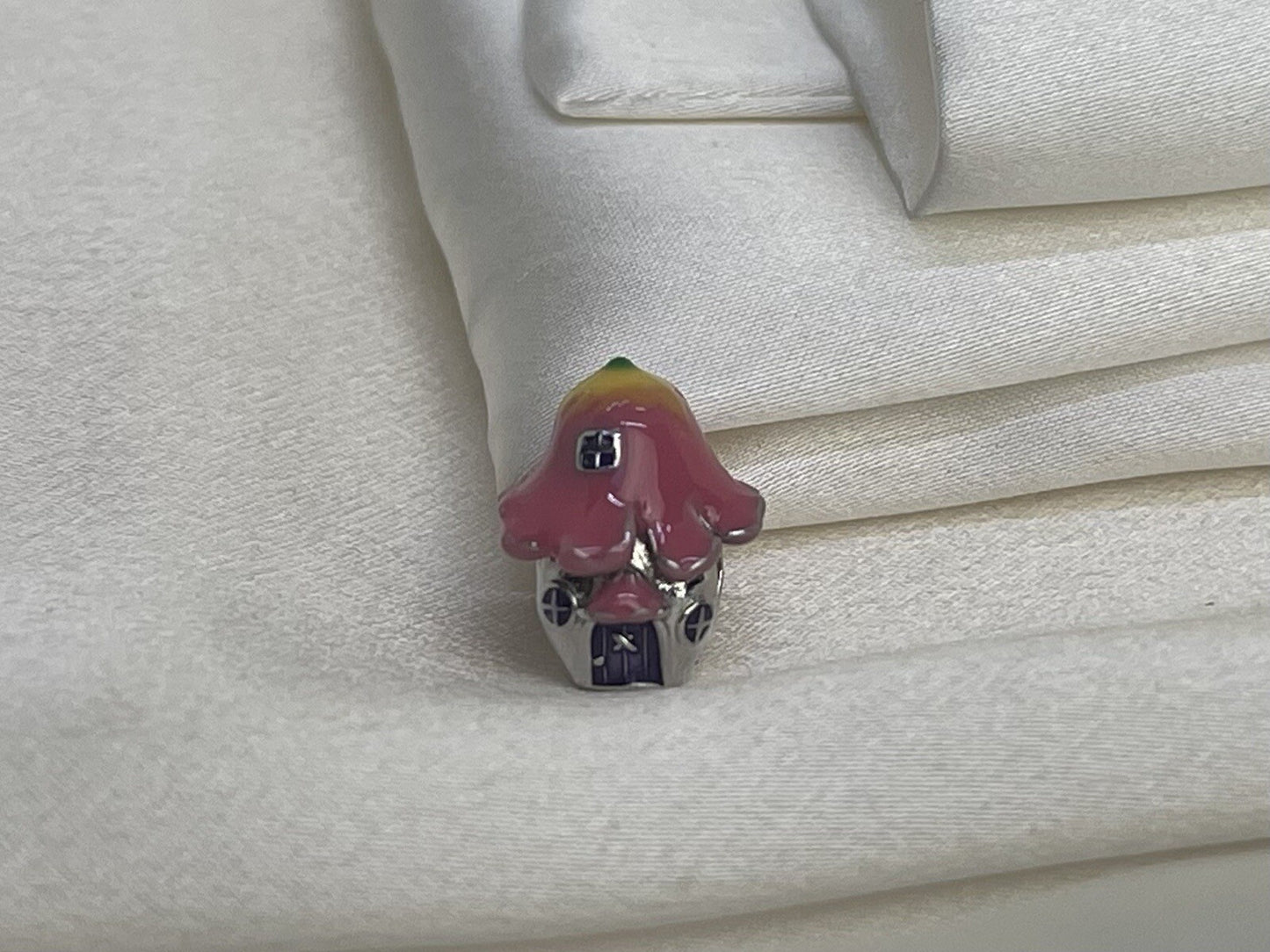 Sterling Silver 925 Enamel Anime Pink Colorful Mushroom House Charm