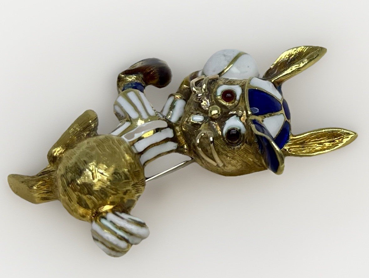 Martine Vintage 18k Gold Enamel Rabbit Baseball Pin XL Brooch 30.3 Grams 53x41mm