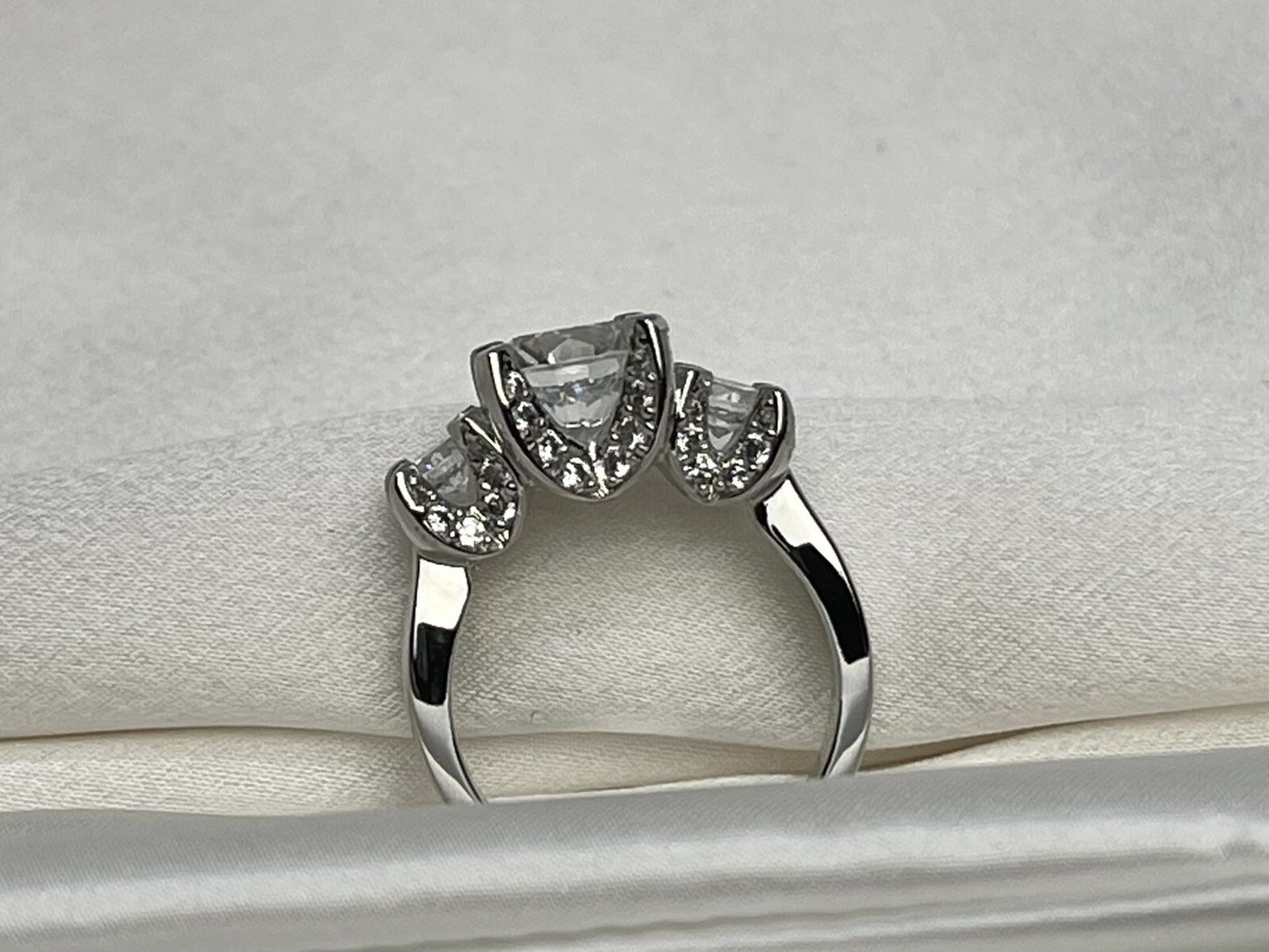 Princess Three Stone Engagement Cubic Zirconia Ring Rhodium Sterling Silver 925