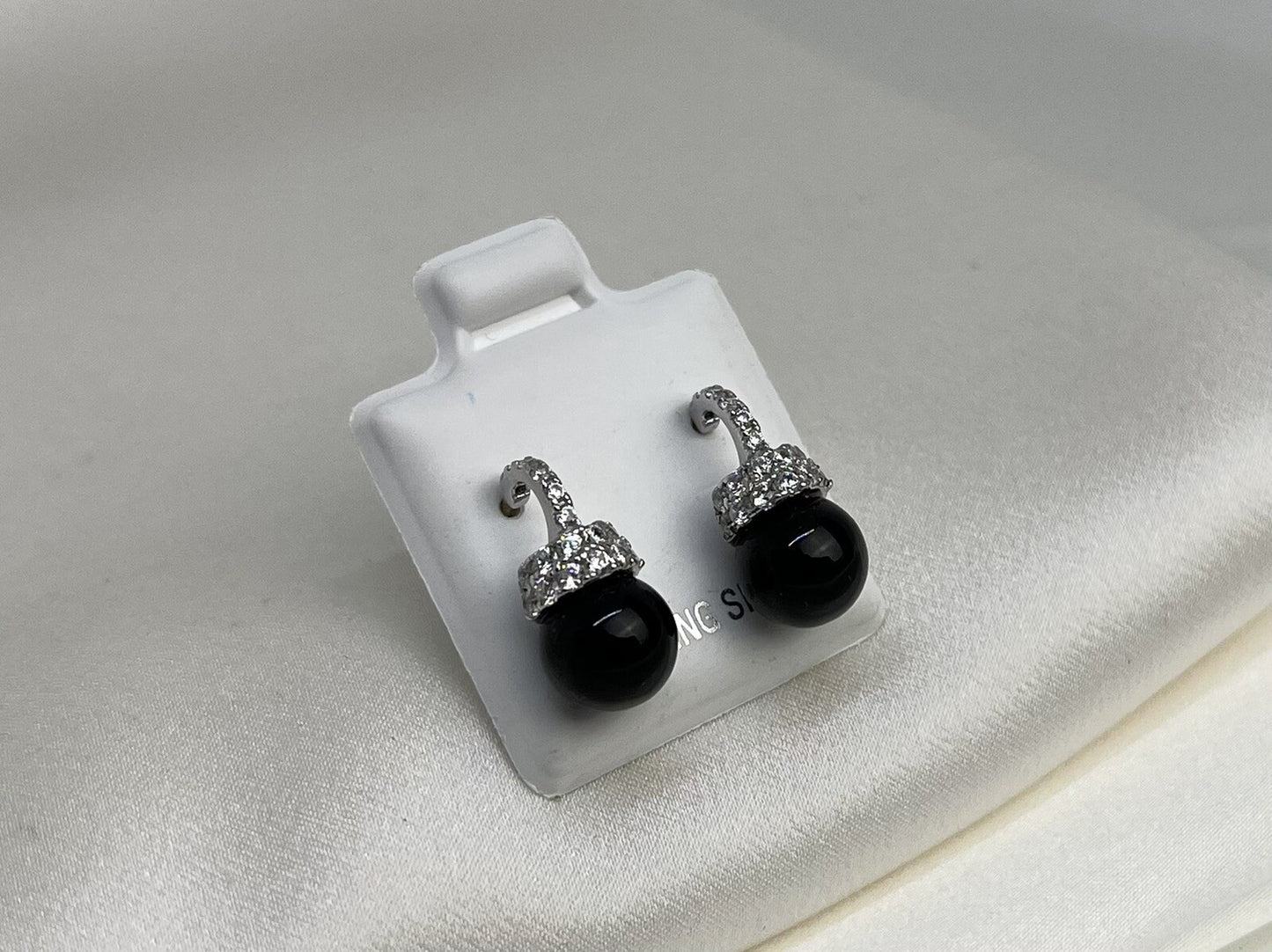 New Sterling Silver 925 7x15mm Black Onyx Dangle Earrings with Cubic Zirconia