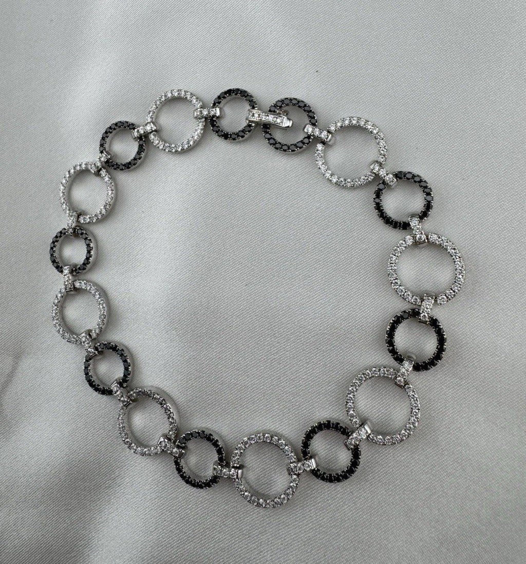 18K White Gold Black & White Diamond Circle Link Tennis Bracelet 10mm 11G Sz 6.7