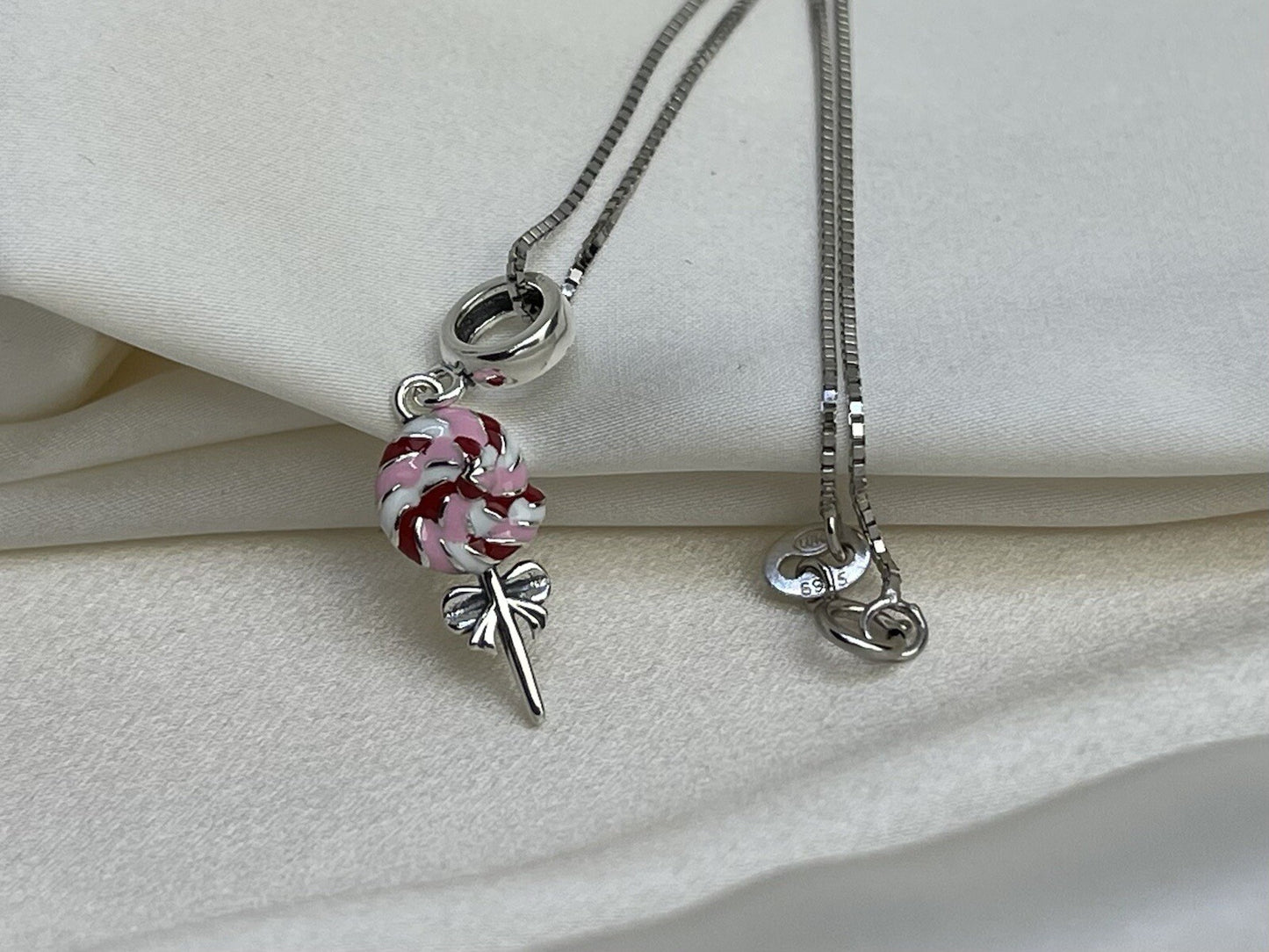Sterling Silver 925 Enamel Sweet Swirl Lollipop Bow Sugar Candy Charm Necklace